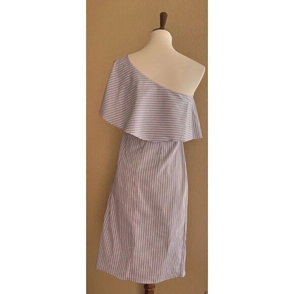 BAR III $80 Blue Striped Ruffled Slitted Dress One Shoulder Cotton Size S - Picture 2 of 10